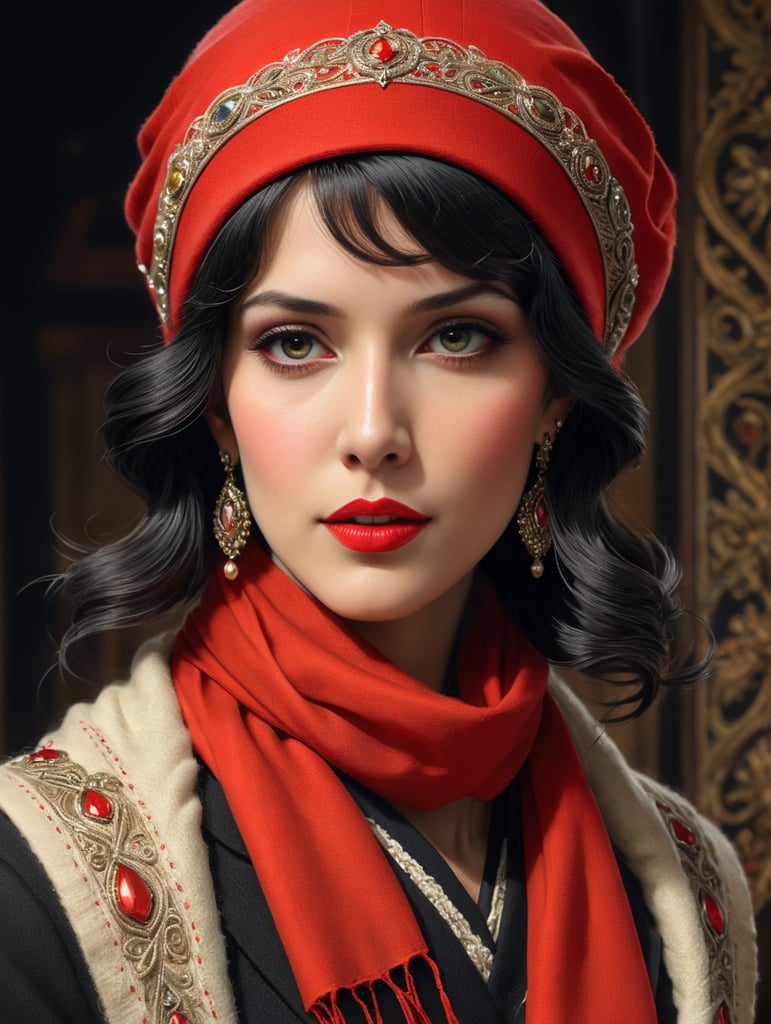 ulher arafed em um Chapéu vermelho e lenço em uma Capa de revisão piCtóriCa, Cor vistosa dos anos 1920, 1 9 2 0 s anúnCio, 1 9 2 0 s Cabelo de pano, J C LeyendeCker 8 K, j. C. LeyendeCker 8 K, j. C. LeyendeCker. Cabelos pretos