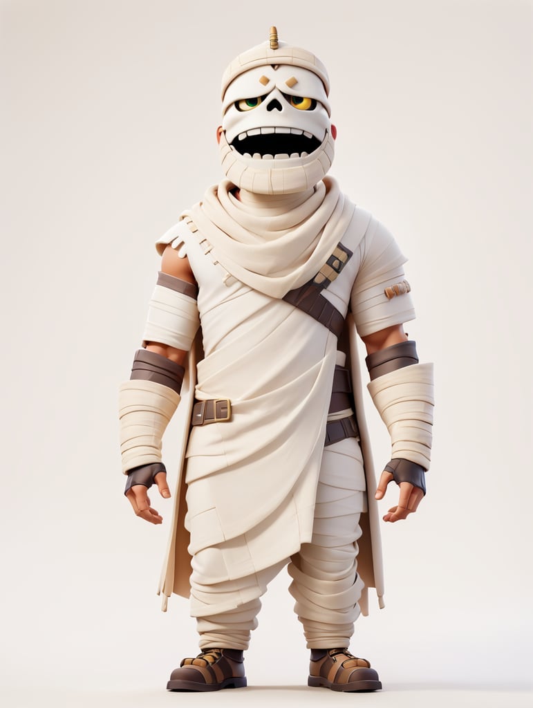 A photograph of mummy costume covered in bandages for a male character with fortnite style, halloween costume, white background, full body