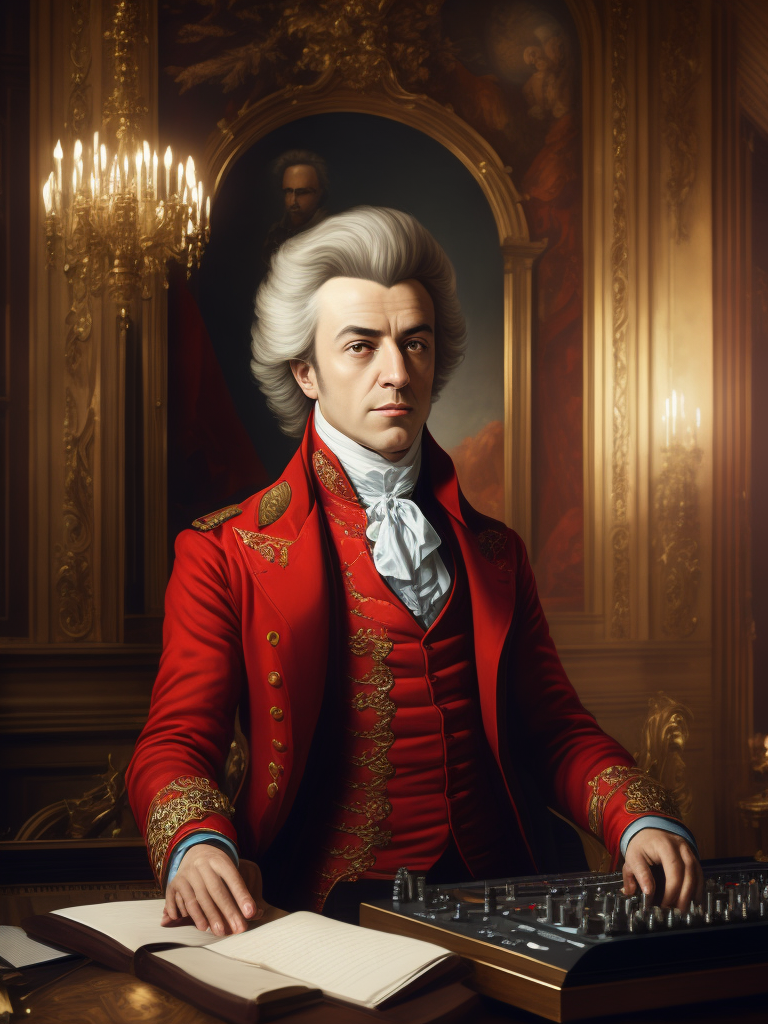 Wolfgang Amadeus Mozart in a 18th century red suit making music on a DJ table, Against the background of the interior of the palace full of guests, studio photo, professional photo, Bright and rich colors, Detailed image, detailed face,