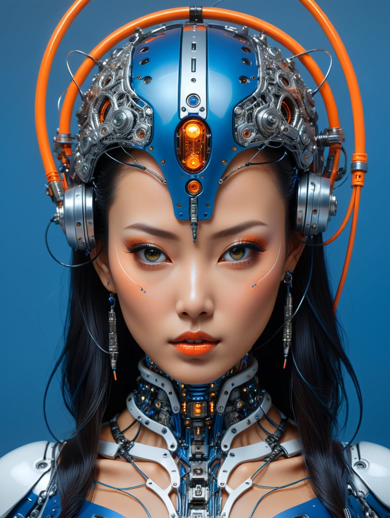 Face photography, in front of an orange and blue wall, a beauty asian cyborg woman, connected by cables and wires and led, an attractive transparent dark plexiglass latex body plc robots with silver motor head, with ray guns, 80 degree view, art by sergio lopez, natalie shau, james jean and salvador dali