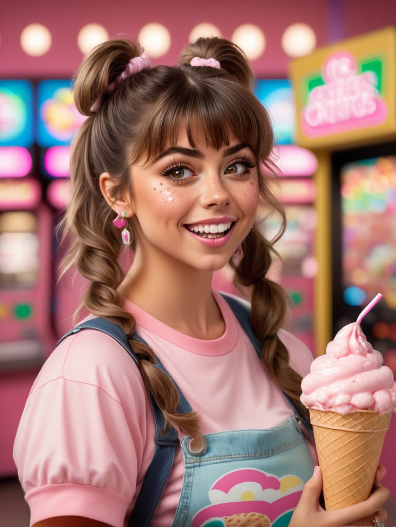 Sarah Hyland is a big chested 80s girl with fluffy hair with bangs and pigtails with scrunchies in them. She has a short pink top. She enjoys a ice cream. Some ice cream drops on her mouth and some ice cream drops on her shirt. Freckles on her face. Background is a 80s arcade.