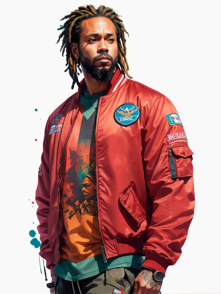 a man with dreadlocks on his head is wearing a colored jersey and a red bomber jacket