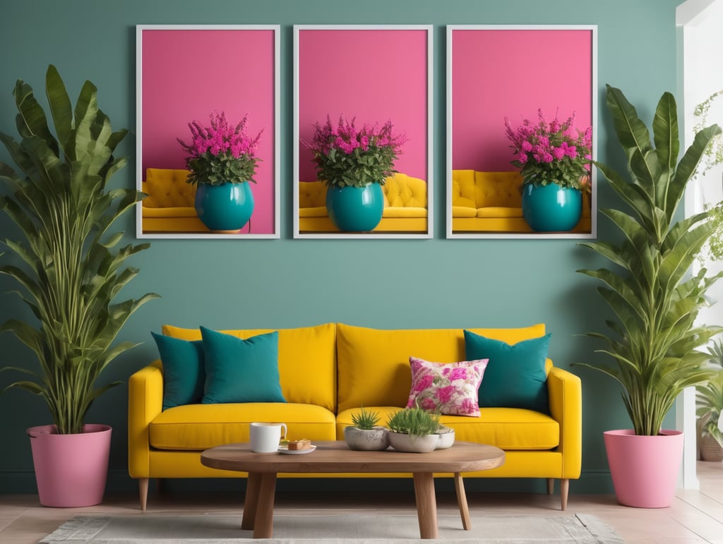 Mockup for two frames of 24x36 in. posters, hanging on a wall painted dark teal color, in a french modern country style livingroom, hot pink sofa and yellow pillows, many plants and flowers, bright livingroom