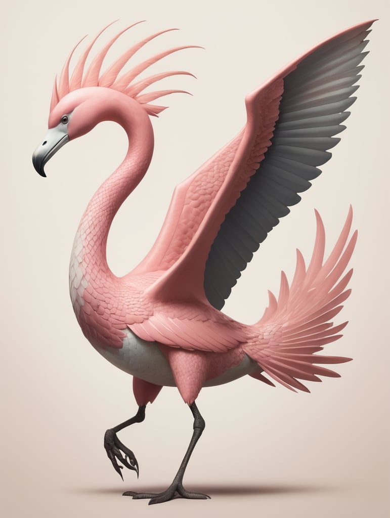 animal with a snake body, flamingo feet, shark fin, fly wings