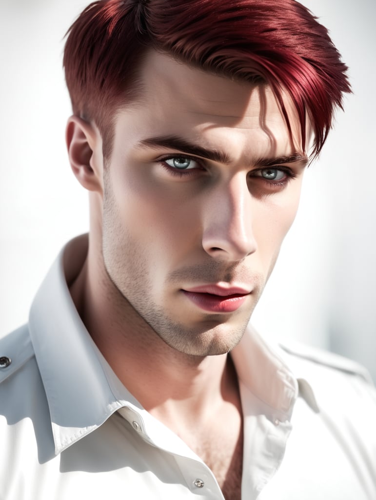 Young man Pale Approximately 26 years old Ash brown hair Short straight hair with bangs slightly in face deep Red eyes Bad boy look Handsome Lean but not muscular