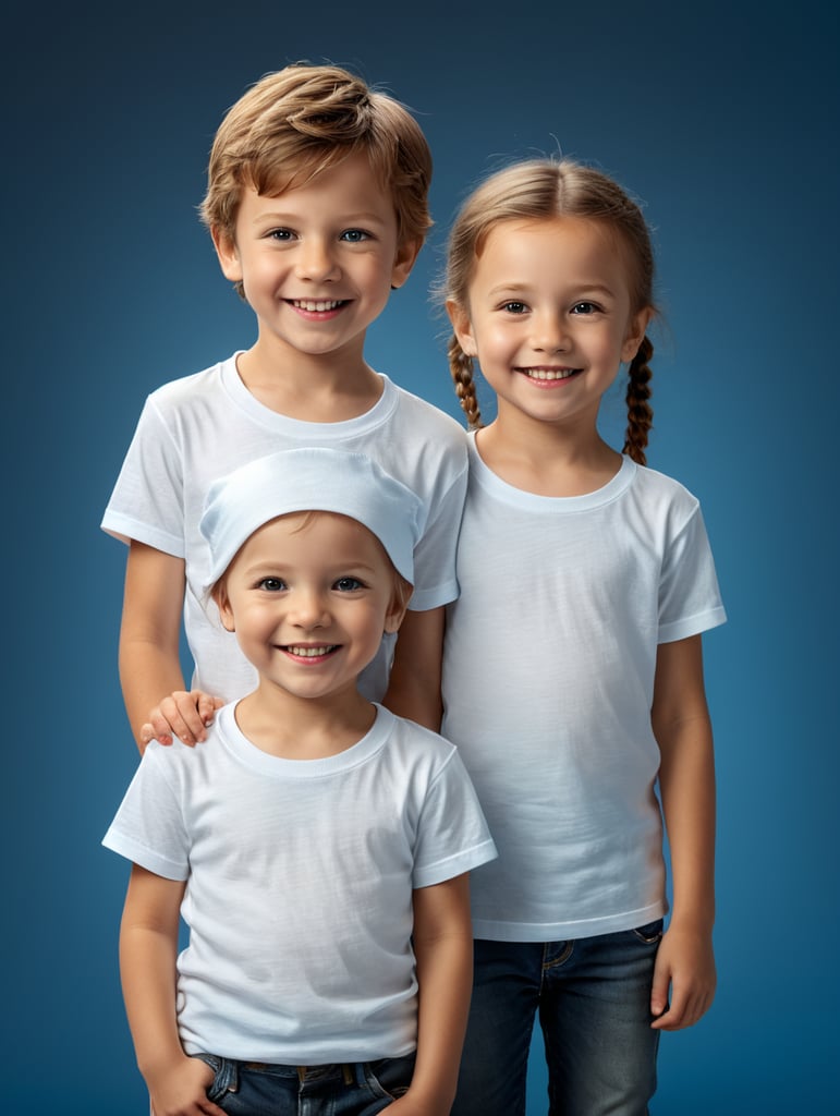 a Little boy and girl wearing white t-shirts, standing in front of blue background, blank shirts no print, 9 years old smiling toddlers, photo for apparel mock-up