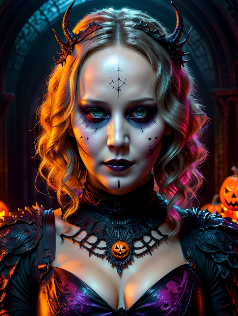 Jennifer Lawrence as a creepy evil character wearing a spooky Halloween costume, Vivid saturated colors, Contrast color