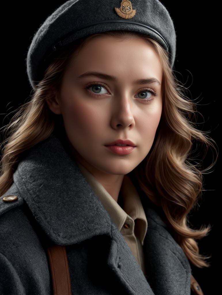 world war 2 era girl in an all-wool mackinaw, isolated, on a black background.