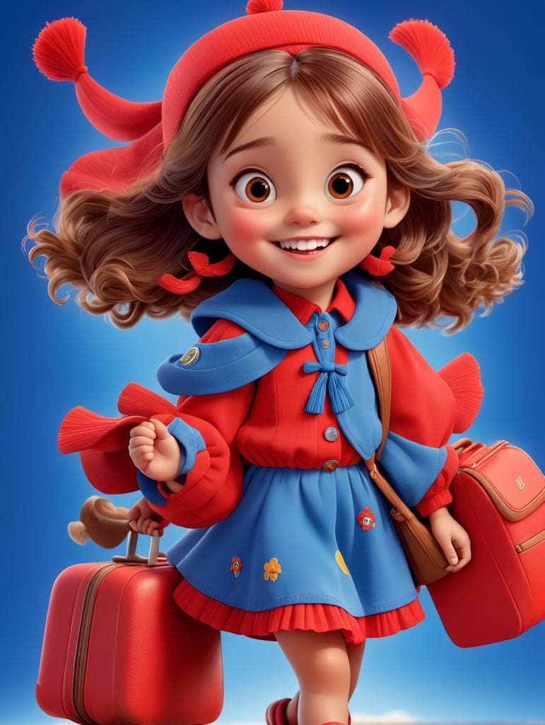 photo happy little girl going to travel, cute girl, dressed in all red, blue background, harpers bizarre, cover, headshot, hyper realistic