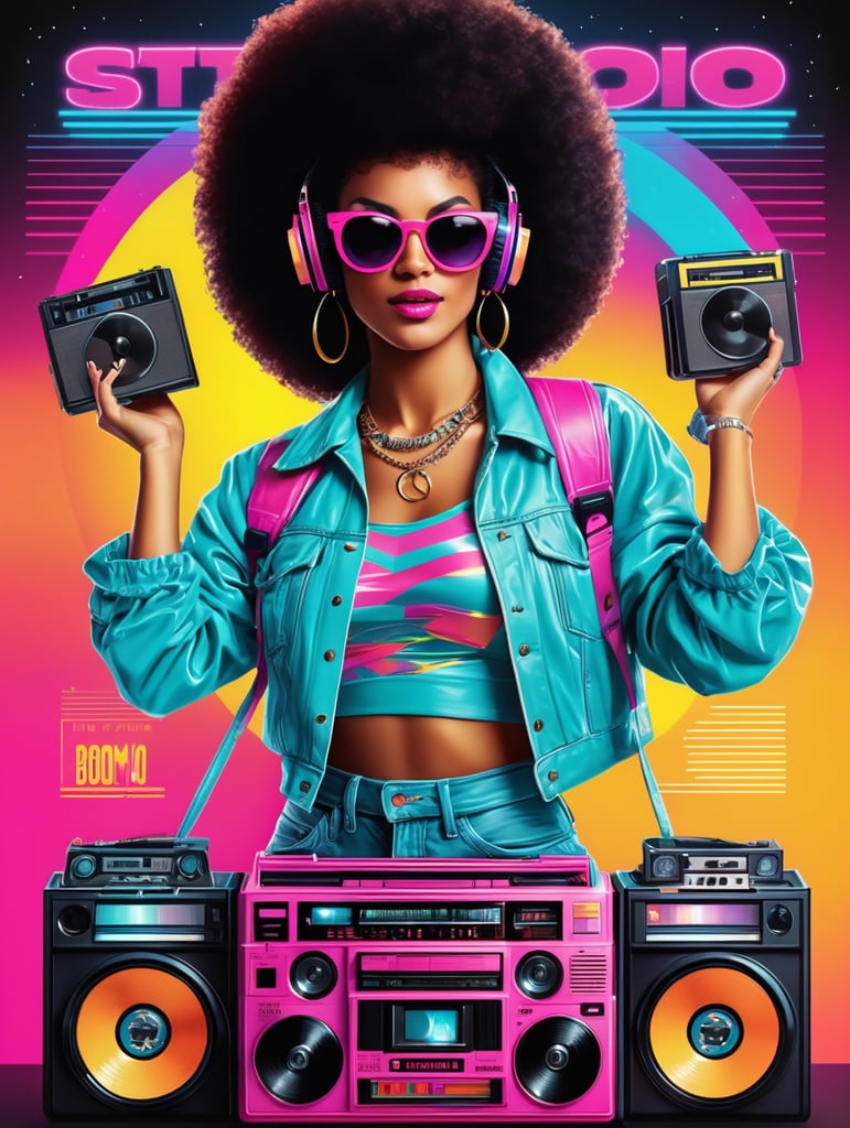 80's style retro party poster featuring boom box, cassettes, record player, neon, synthwave, disco vibes, breakdancer and afro disco funk girl