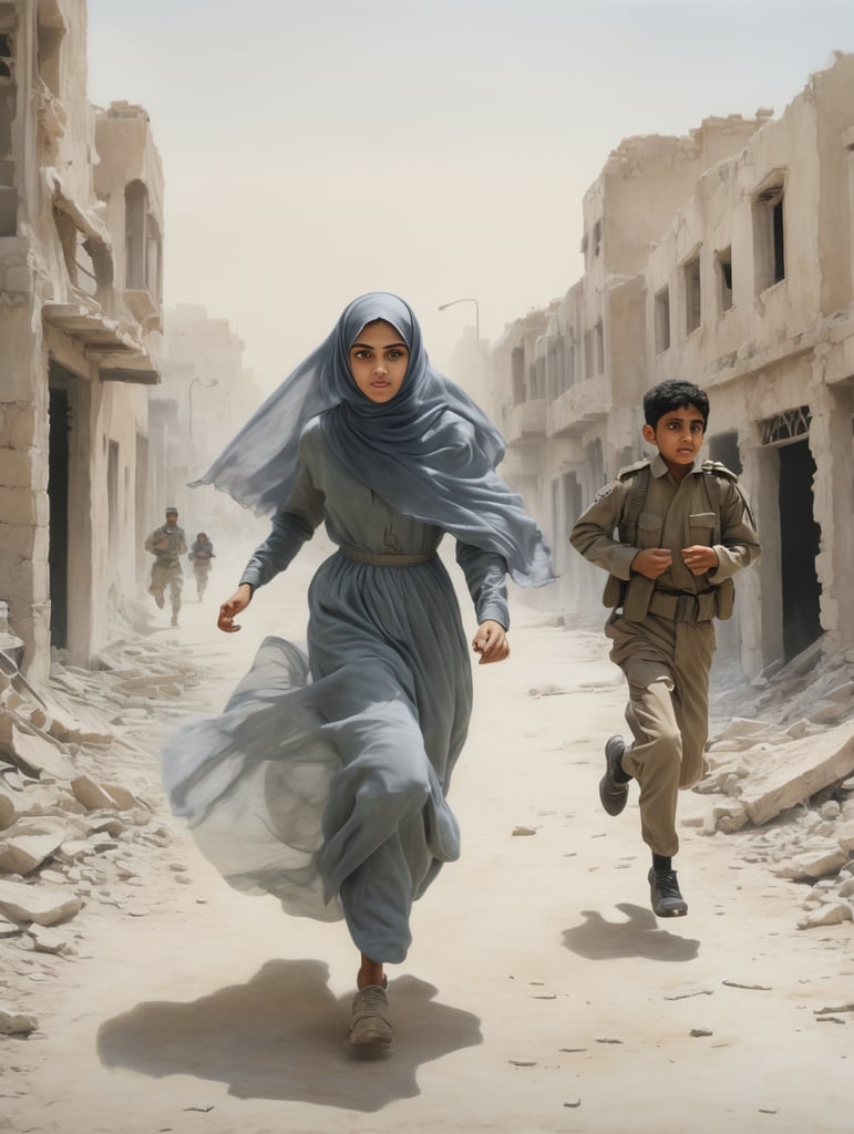 A pencil drawing of a young veiled girl with Arab features running away from a soldier running after her, in a neighborhood of the destroyed city of Aleppo.