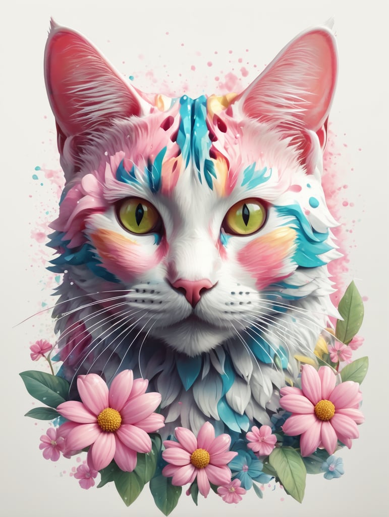 A detailed illustration of a print of a colorful cat, fantasy flowers splash, vintage t-shirt design, in the style of Studio Ghibli, light white and pink pastel tetradic colors, 3D vector art, cute and quirky, fantasy art, watercolor effect, bokeh, Adobe Illustrator, hand-drawn, digital painting, low-poly, soft lighting, bird's-eye view, isometric style, retro aesthetic, focusedon the character, 4K resolution, photorealistic rendering, usingCinema 4D