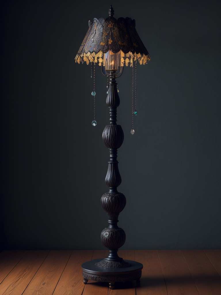wooden floor lamp, carved black wood, decorated with gems