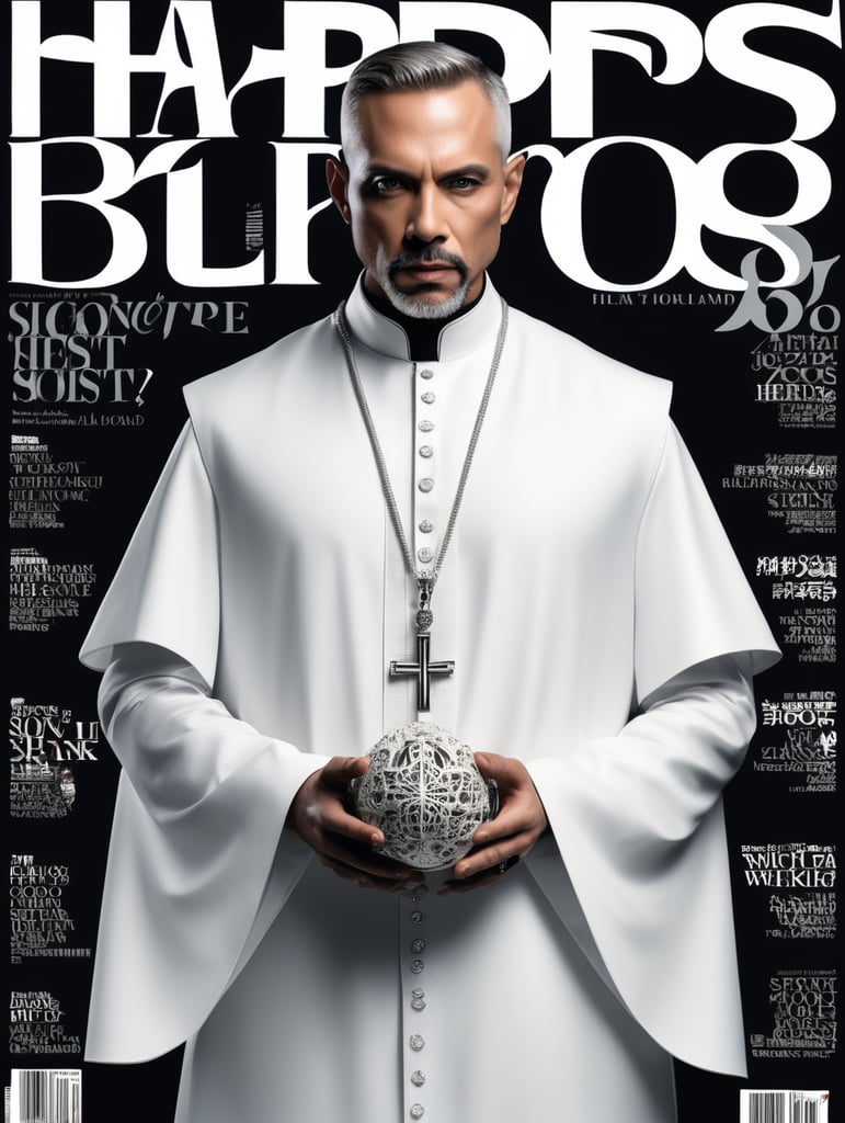 priest, avant-garde, simplygo, photoshoot spread, dressed in all white, black background, harpers bizarre, cover, headshot, hyper realistic