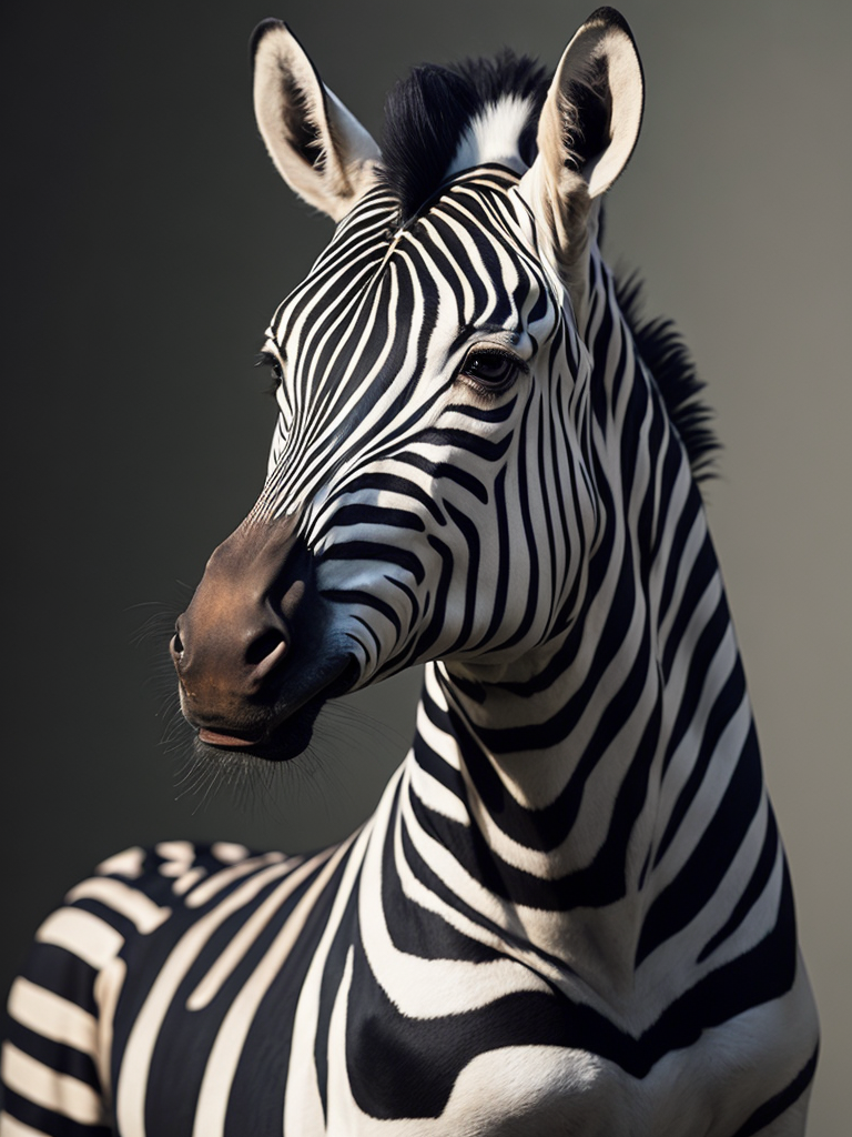 a realistic zebra, shoulders up, smartly dressed with colourful animal print