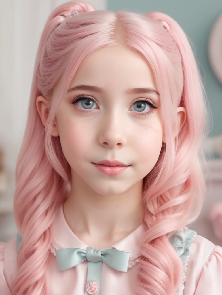 Belle Delphine as a child, pretty, beautiful, e girl, pastel pink hair, 9year old,