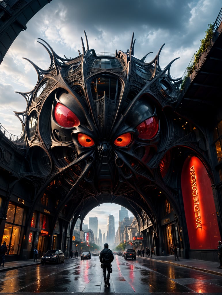 dream prompt: the craziest, bentwood, far view lens architectural modern style hyper realistic hyper detailed neocosmic exterior architecture design of a spider Fluid complex facade, geometric shapes spectrum, black::1 red:3, Antoine Blanchard architecture art style, in new york city, dramatic ambient, natural lighting, camera sony, 8k, --s1000 --style raw, you can imagine