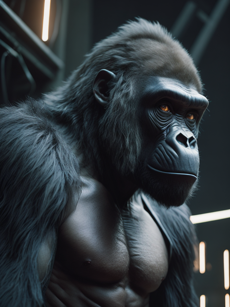 cybernetic gorilla, hyper-realistic, cyberpunk style, sharp on details,