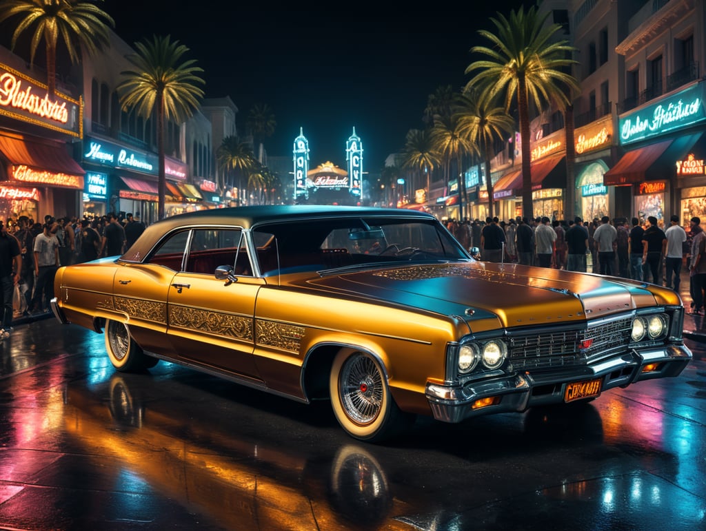 Lowrider car on hollywood boulevard by night