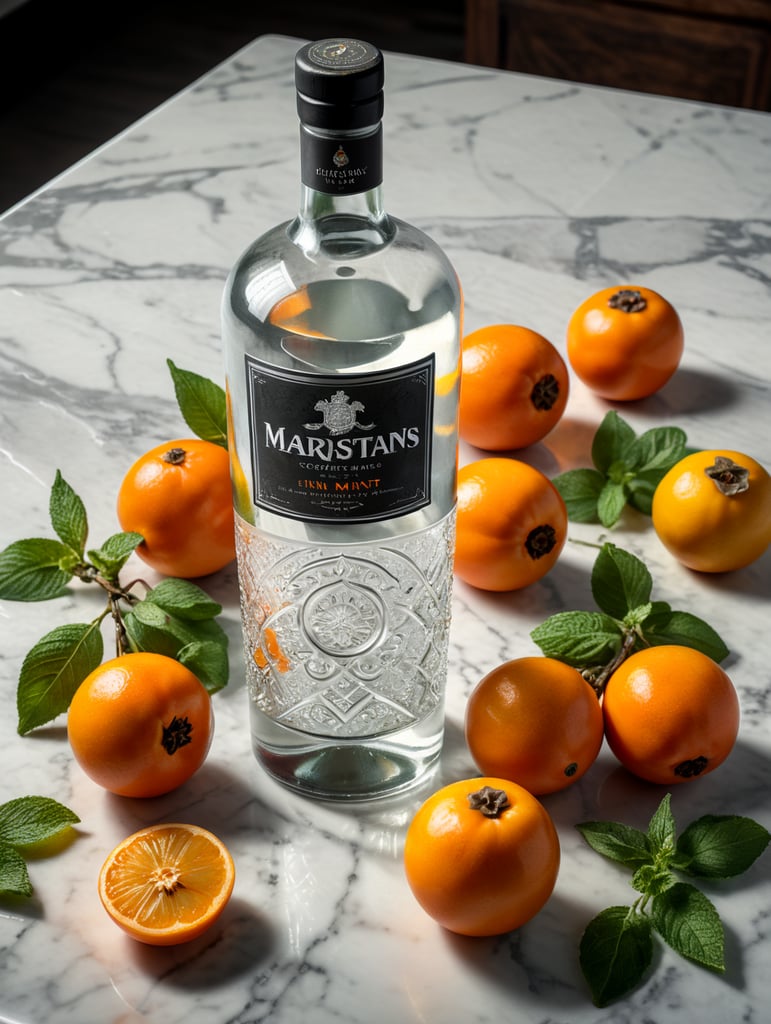 professional photo of a gin bottle on a white marble table surrounded by lemons, persimmons and mint, natural light