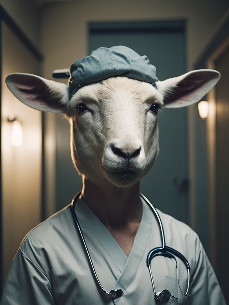 A sheep look like a human stylized as a nurse in the hospital. Full length.