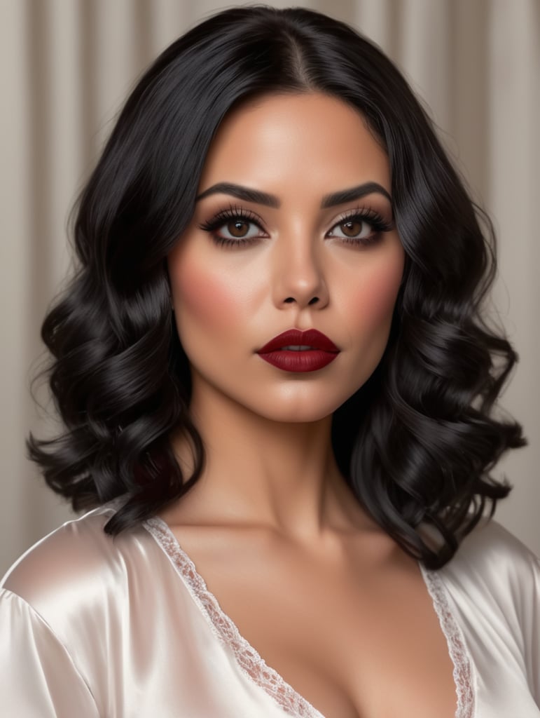 Photorealistic image of a woman in her 30's. She has medium length, wavy black hair. She is wearing black eyeshadow and thick eyeliner. Her lips are painted with dark red lipstick. She is wearing a short, white, satin nightgown. The image must show her entire body.