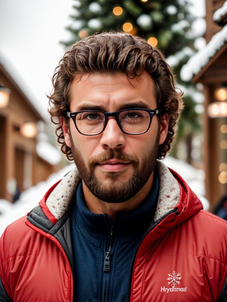 portrait of a bearded curly man wearing red puffer jacket, reeding glasses, stands front camera with gift box his hand, snowy weather, Christmas time, blurry background