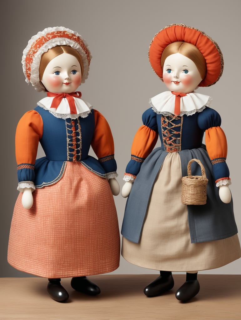 A pair of anthropomorphic dolls in the style of Dutch tradition, soft sculpture, historical subjects, Danish design, folklore theme, colorful caricature