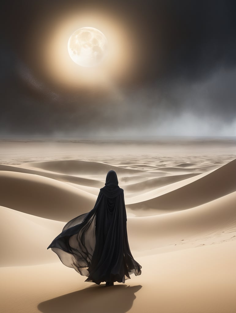 view from behind(((ethereal misty black cloaked woman figure))), clad in dark tones, advancing through a (((dunescape))) under a (rising moon), with (vast, smoldering sand dunes) reflecting an otherworldly light around its surroundings, abstract art
