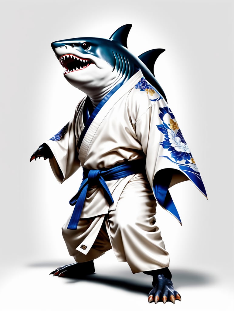 To humanoidalny rekin, ubrany w jedwabiste kimono judo, stojący w walecznej pozycji z groźną miną na białym tle