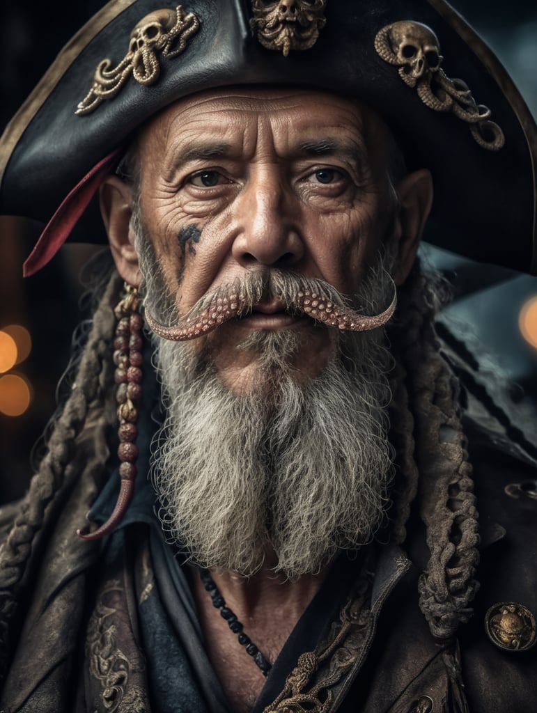 old pirate with octopus beard, dark scene, dark atmosphere, epic shot, sharp on details