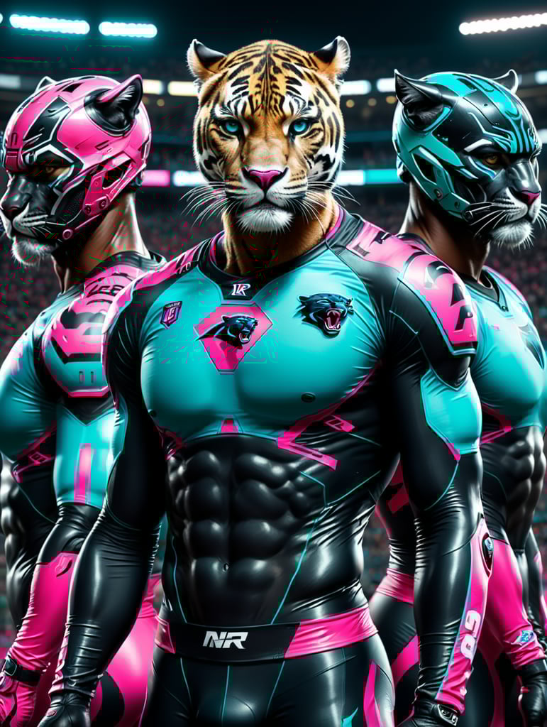 Please create a sports warmer long sleeves with neon pink and teal trimmings for a team called Panthers.