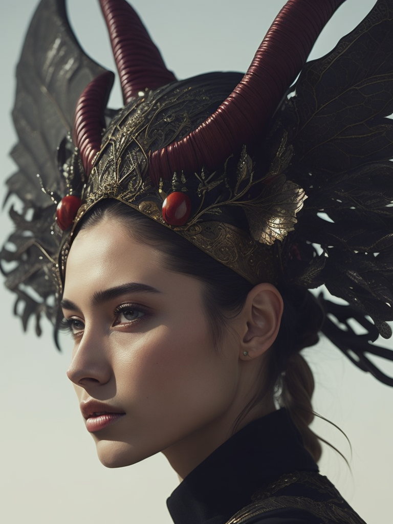 a girl wears a headdress with horns on it, in the style of hyperrealistic wildlife portraits, dark green and red, sofonisba anguissola, bess hamiti, medieval art, naturalistic depictions of flora and fauna, glen orbik