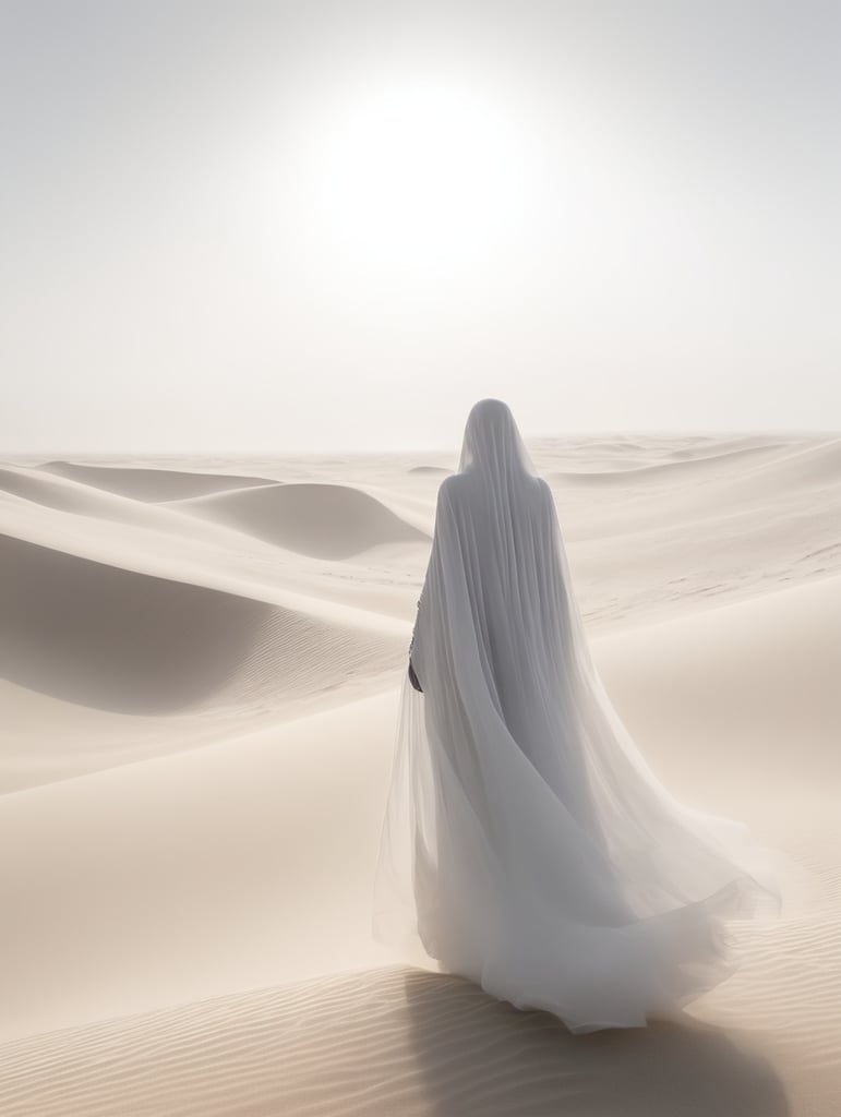 view from behind(((ethereal misty black cloaked woman figure))), clad in dark tones, advancing through a (((dunescape))) under a (rising moon), with (vast, smoldering sand dunes) reflecting an otherworldly light around its surroundings, abstract art