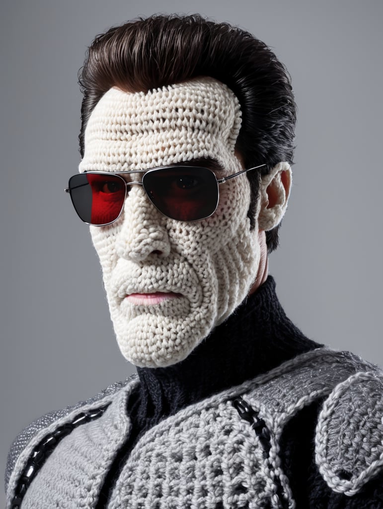 a terminator t-800 wearing very hirsute crocheted sweaters for sheeple, portrait