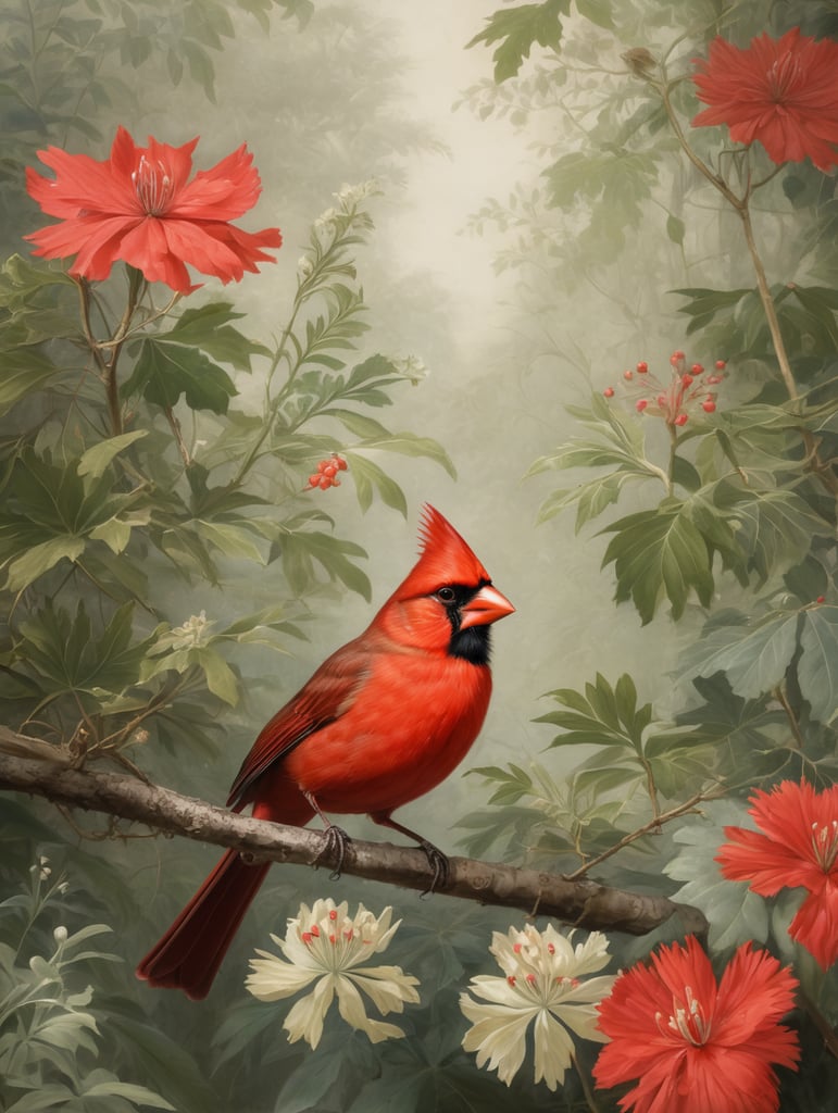 An Edwardian botanical oil painting, illustration of a red cardinal bird on a branch surrounded by flora and fauna