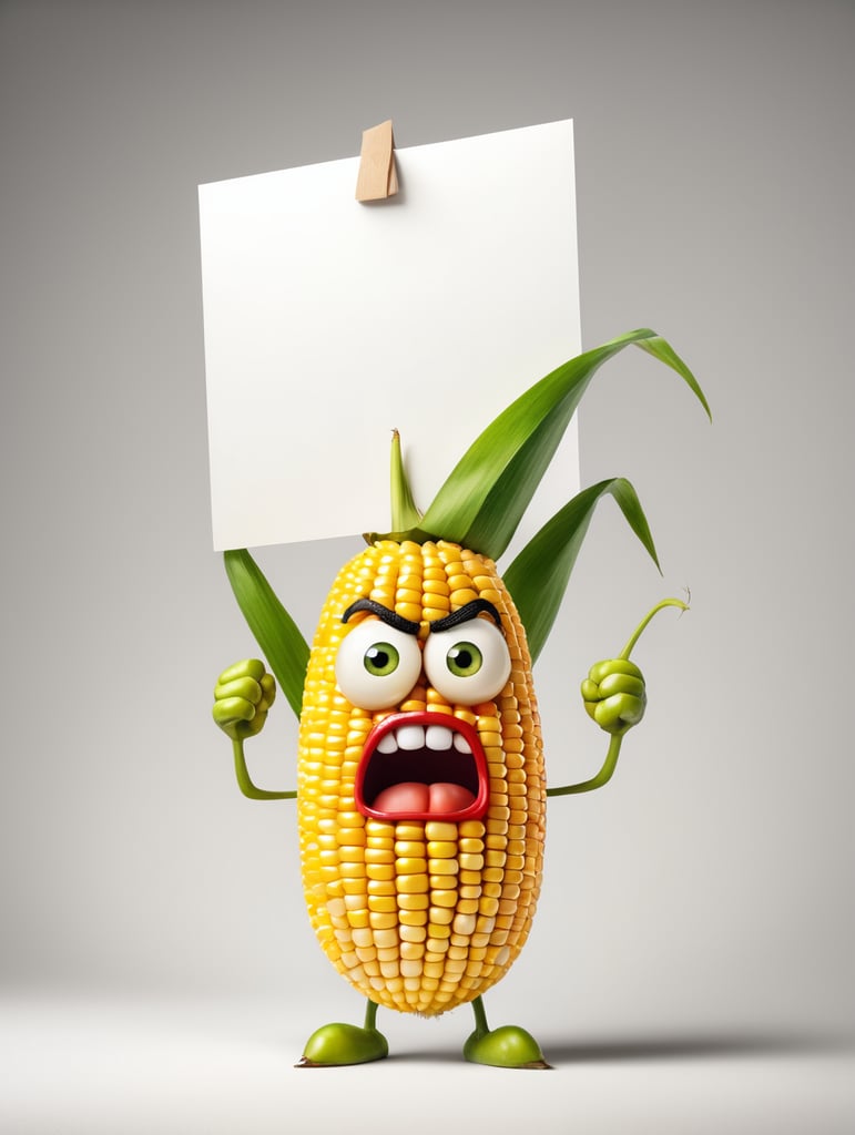 a realistic angry Genetically modified corn holding a sign "I'm sick!", WHITE background