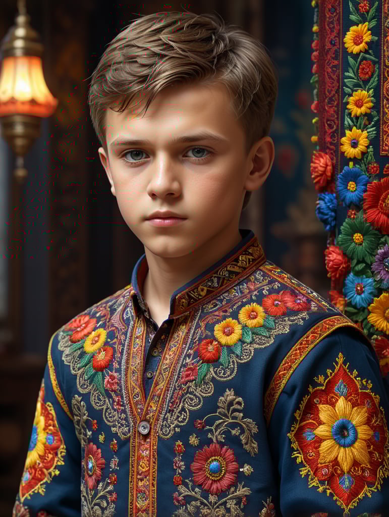 A young Ukrainian boy stands proudly in his traditional embroidered shirt, surrounded by vibrant colors and intricate patterns. The 8K Ultra HD resolution captures every detail of his outfit, from the delicate stitching to the rich textures. With the use of octane render, this 3D image comes to life in a stunning isometric view.