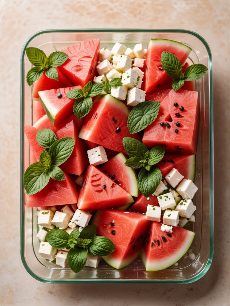 Watermelon Salad with Feta and Mint in a transparent plastic tray, top view, isolated, mockup