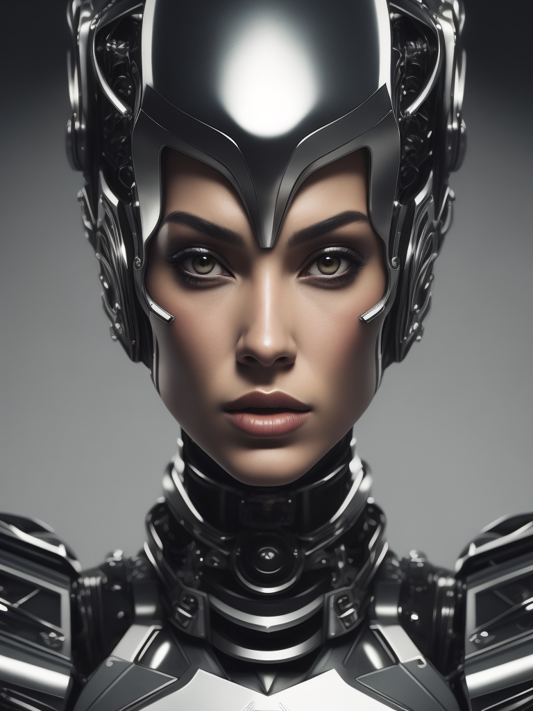 Realistic Fashion women frontal portrait Robot made of metallic shiny chromed silver, symmetric, medium shot portrait frontal, symmetry portrait, robotic, cyborg, close up portrait, head looking camera, by Hajime Sorayama and Boris Vallejo