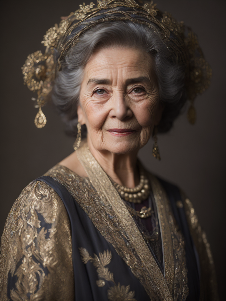 Portrait of old lady, dressed in a ornate dress which is mix of baroque and ethnic dress, elegant, highly detailed, sharp focus, Dramatic Lighting, Depth of field, Incredibly high detailed, blurred background