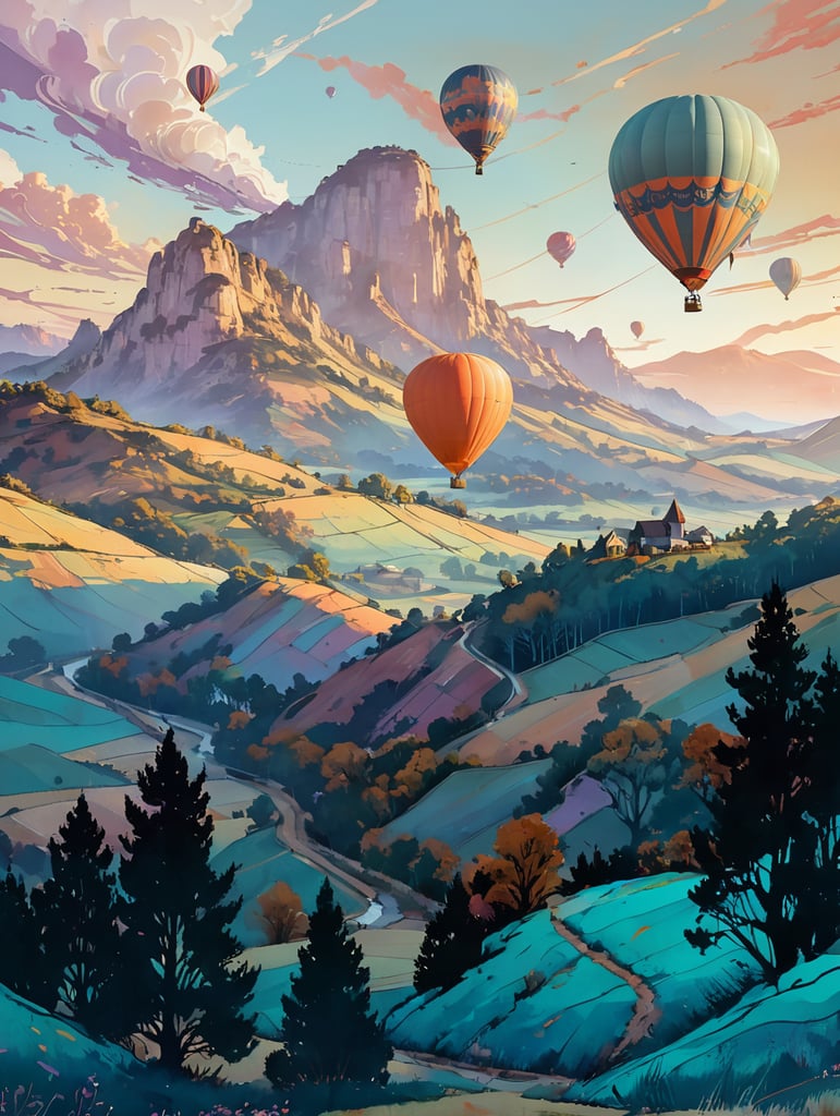 surrealist country background with vineyards and an hot air ballon