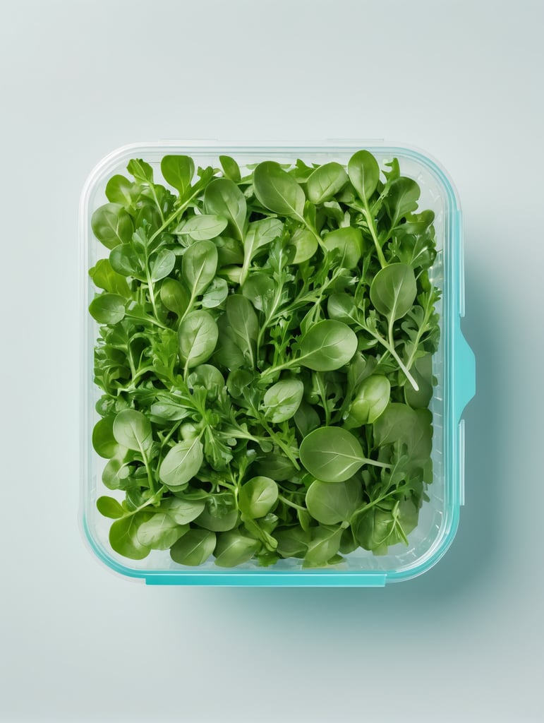 blank Transparent Plastic Container with Arugula Salad, isolated, cyan background, Mockup, mock up