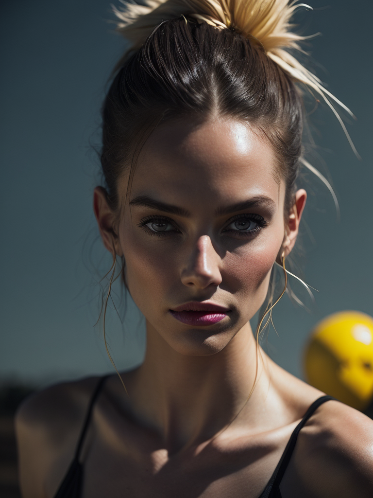 Portrait of a fashion model dressed in a black swimsuit and a yellow transparent sun glasses, Sunny weather, Contrasting light, Hair in a bun