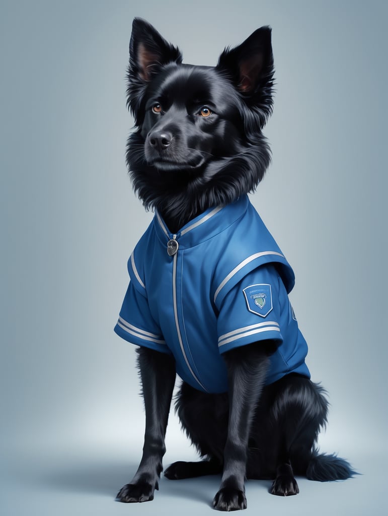 anthromorphic furry black dog, black hair, blue streaks, blue clothes, digital art