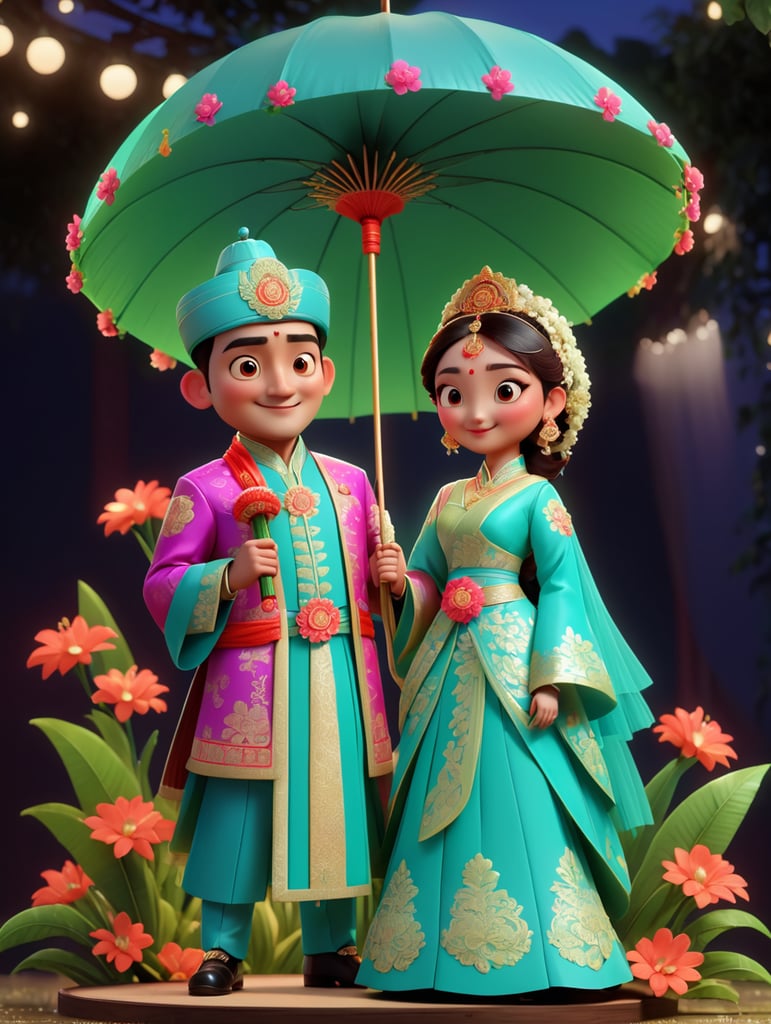 "Create a 3D realistic render of character wedding function male & female wear traditional dress. inner of decor wedding stage fully covered flowers, umbrella, neon lights, leaves.etc