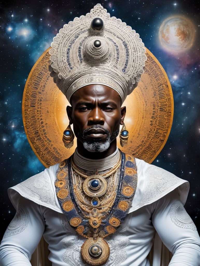 Obatala the african orisha wearing a detailed and intricate ade, cosmic god, astrophotography