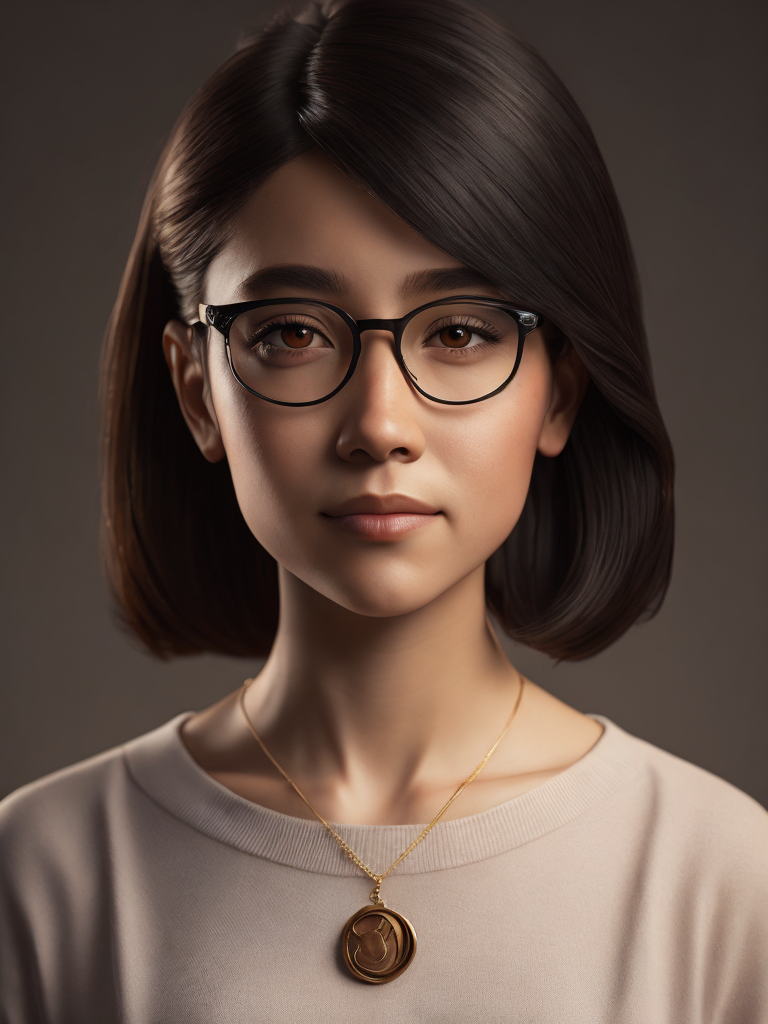 Girl, black hair, Brown eyes, glasses and necklace, Full body, standing centered, Pixar style, 3d style, disney style, 8k, Beautiful, Pixar style girl with black hair brown eyes glasses and necklace