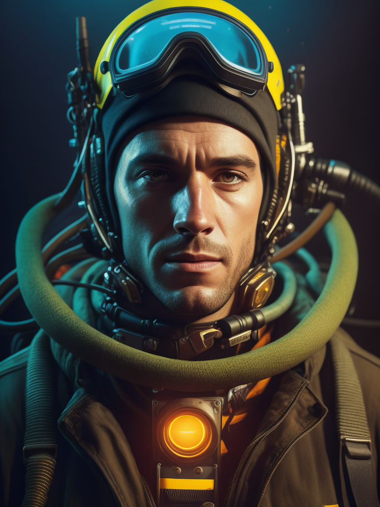 Portrait of commercial diver, ultra realism, super detailed, neon colors, magazine cover, professional shot, magazine photography, bright saturated colors, sharp focus, highly detailed