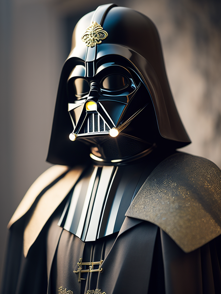 dart vader with arabic fashion black cloak and gold crown in the Renaissance ottoman throne kingdom, photo realistic, ultra-accurate detailed, bokeh lighting, hyper-realistic, real photo, real face of rose blackpink, ultra-detailed photograph